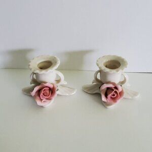 Vintage Karl Ens German Volkstedt 1950s Porcelain Rose Candlestick Holde…